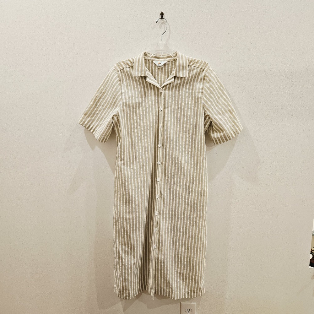 Vintage 90s Andrew Mcmullen White Beige Stripe Sz 12 Cotton Collared Shirt Dress - Picture 1 of 8